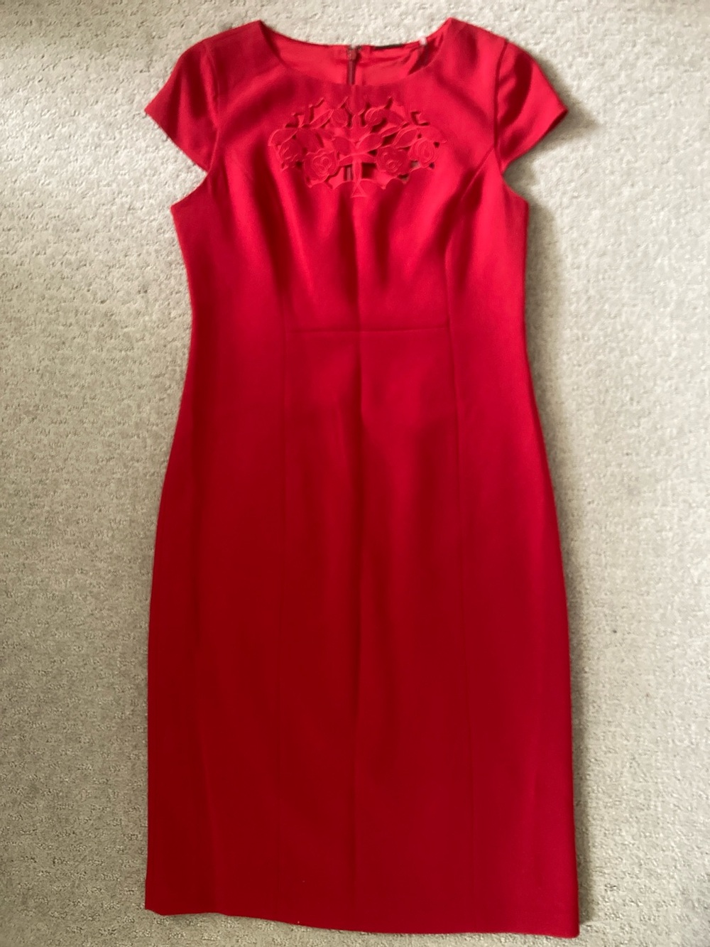 NWT Elie Tahari red cut out embroidered dress, Sz 4.